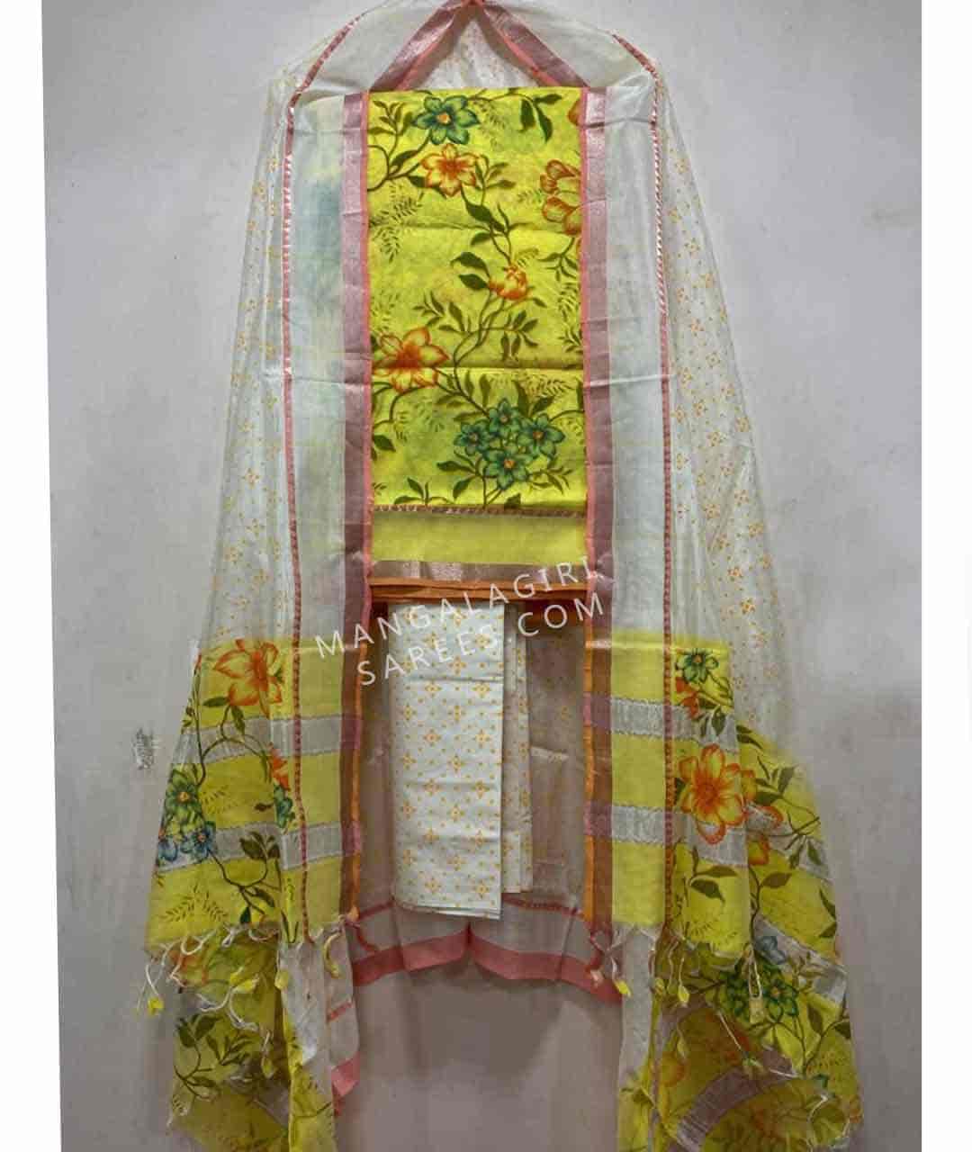 Pleasant Yellow Katan Silk Woven Dress Material With Cotton Bottom Dupatta  - Loomfolks