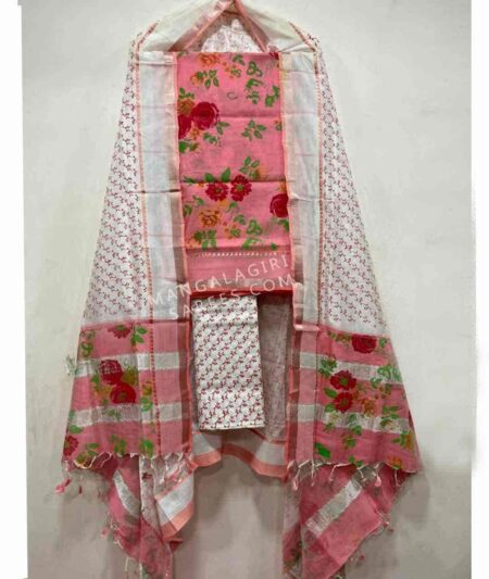 Tvis and Bliss. Pink and Ivory White Mangalagiri Silk Dress Material